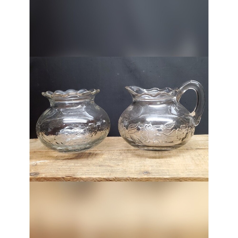 Jenkins Glass Antique Daisy Leaf Band Open Sugar and Creamer Clear Glass